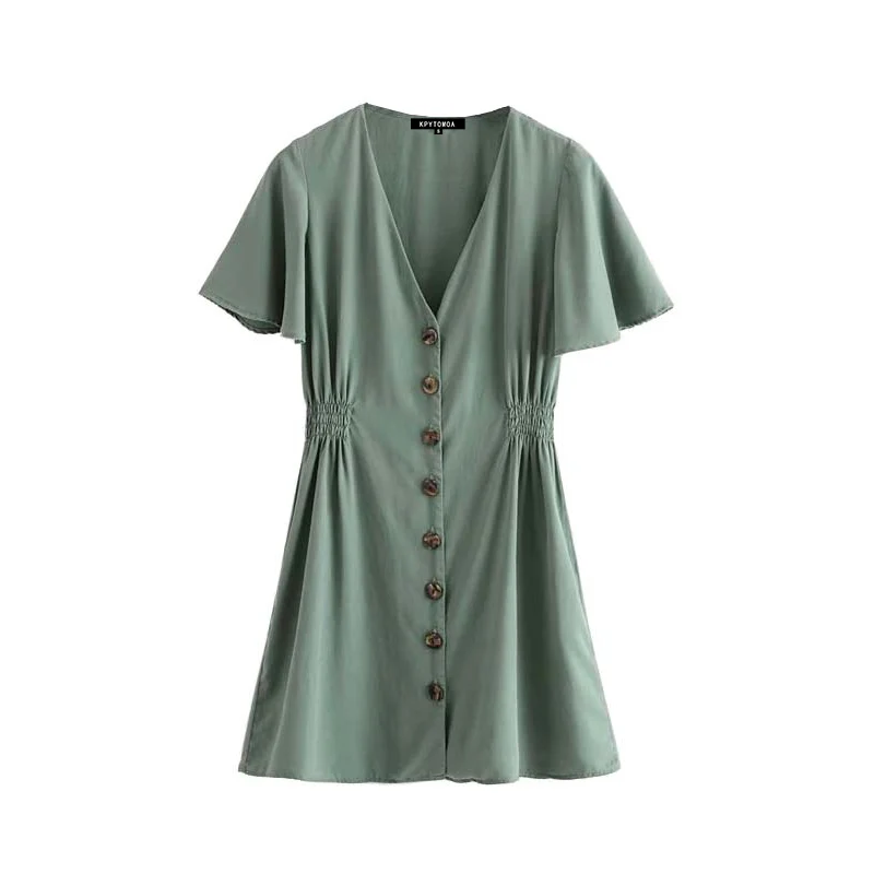 

Vintage Stylish Buttons Mini Dress Women Casual Vestidos Mujer 2019 Fashion V Neck Short Sleeve Elastic Waist Ladies Dresses