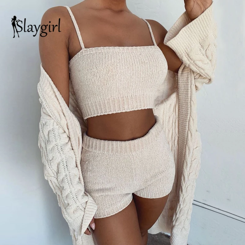 Slaygirl, свитер, сексуальное Женский комплект 2 шт., модное с лямками, короткий топ и шорты, костюм, Осень-зима, вязанный комплект из двух предметов
