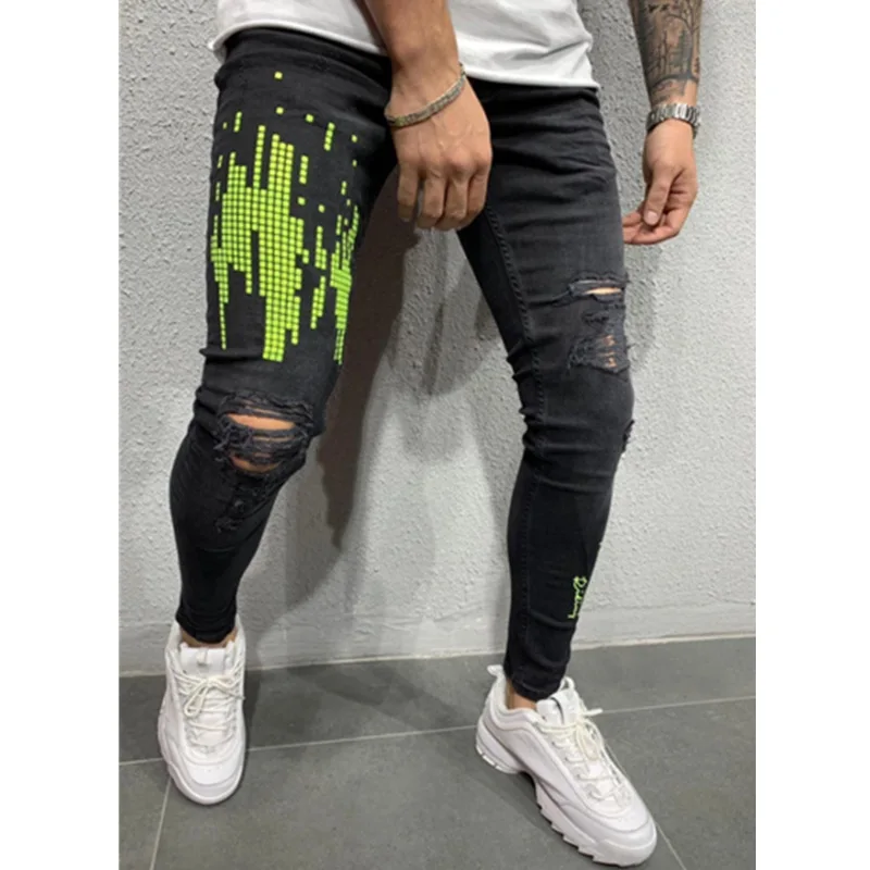

Europe And America Men Pants Large Size with Holes Zipper Skinny Pants Trend Printed Black Cowboy Trousers MEN'S Jeans Men's