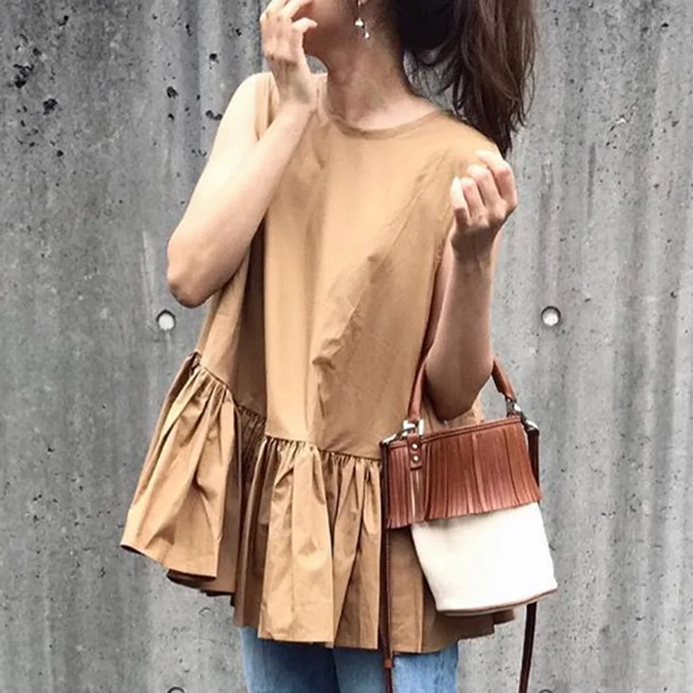 

Sleeveless Women Brown Shirts Summer 2020 Korean Pleated Pullover Tops Blouses Casual Office Lady Work Shirts Blouses Japan