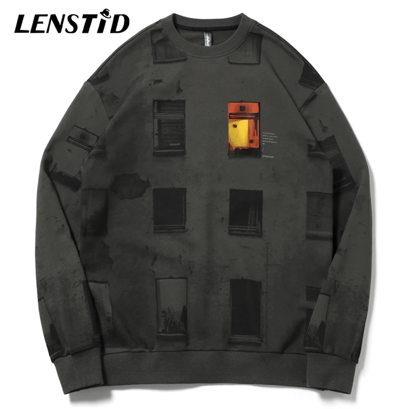 

LENSTID Men Hip Hop Streetwear Plaid Window Door Printed Fashion Pullover Hoodies Harajuku Cotton Autumn New Casual Sweatshirts