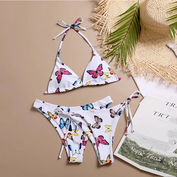 

Mossha Triangle sexy bikini set Halter swimwear 2020 Butterfly printed women's swimsuit Female bathing suit 3 piece suit Bathers