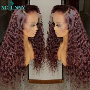 

Colored 99j Curly Human Hair Wig 13x6 Deep Part Burgundy Lace Front Wig 180 Density Pre Plucked Red Brazilian Remy Hair xcsunny