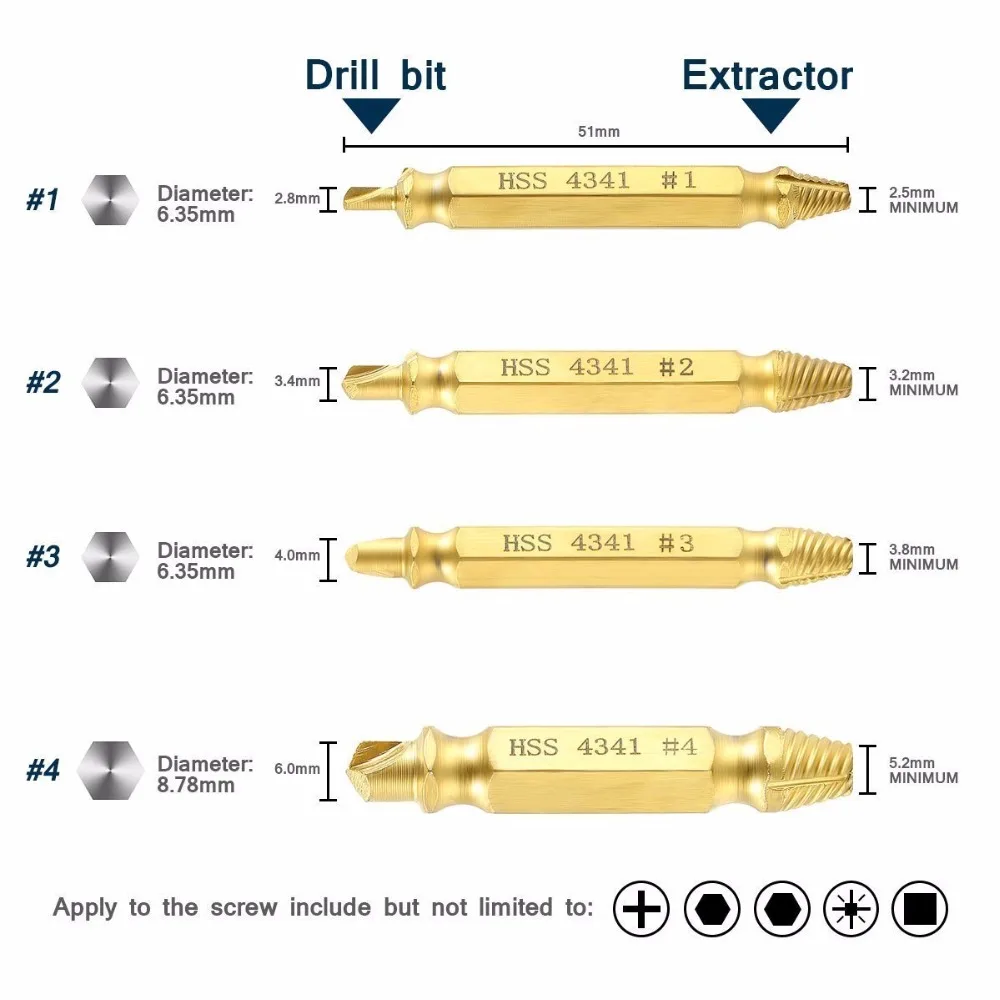 4 шт. инструмент для удаления поврежденных винтов 1/" шестигранный хвостовик Hss сломанная головка поломки разделенный винт удалитель болтов экстрактор