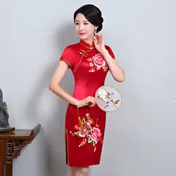 Китайский Для женщин с воротником «Мандарин» из сатина с цветочным принтом Ципао вечернее Вечерние платья с коротким рукавом облегающее