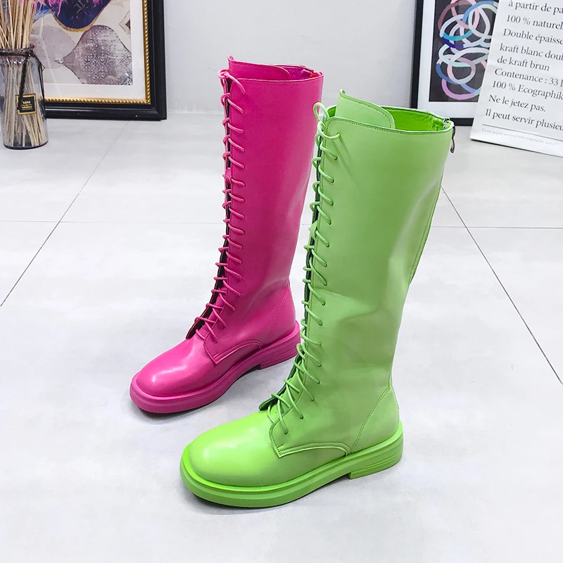 

Candy Color Women Knee-High Boots 2019 Spring Autumn Fashion Cross-tied Woman Long Boots Rubber Sole Female High Boot Shoes