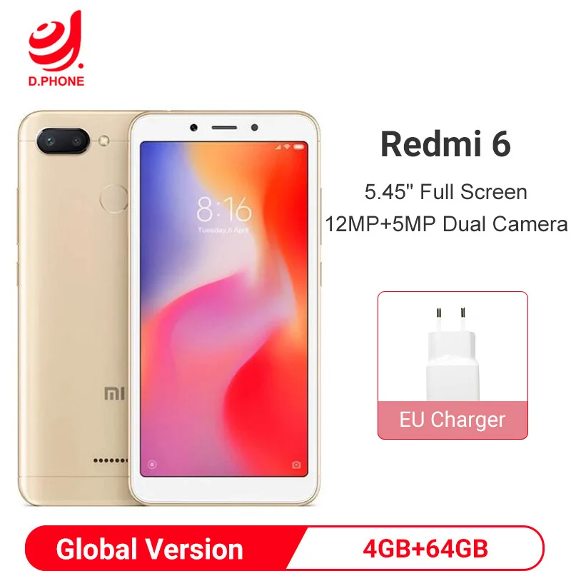 Xiaomi Redmi 6 смартфон с восьмиядерным процессором Helio P22 ОЗУ 4 Гб ПЗУ 64 ГБ 12 Мп + 5 МП 45