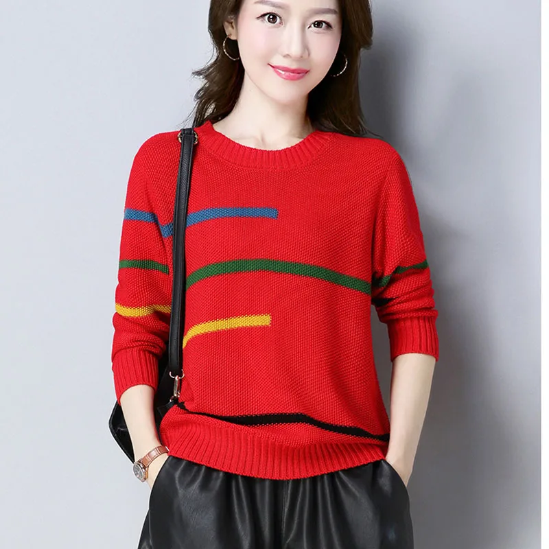 Модные женские вязаные пуловеры, свитера с круглым вырезом и длинным рукавом, Женский пуловер в полоску, топы, теплый женский свитер - Цвет: Красный