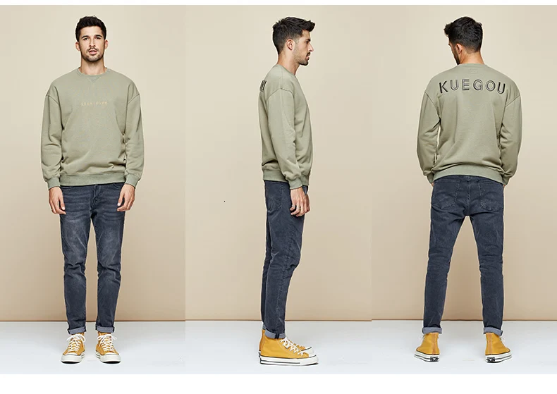 KUEGOU Осенняя хлопковая зеленая толстовка с вышитыми буквами Мужская модная Японская уличная одежда хип-хоп Мужская брендовая одежда Топ 0939