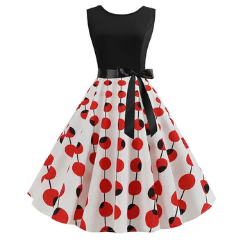 

New Style Hot Selling Retro Hepburn Wind Waist Hugging Slimming Printed Big Hemline Dress 5118