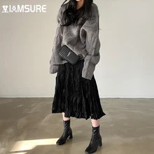 IAMSURE Casual Solid Folds Skirt Korean Style Basic High Wasted A-Line Skirts Women 2021 Autumn Winter Fashion Ladies Classy
