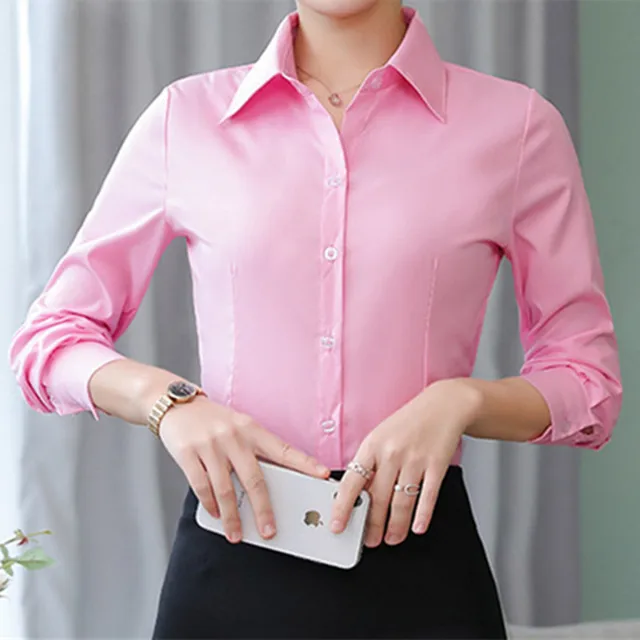 Fashion Cotton Shirts White Shirt Women Long Sleeve Shirts Tops Office Lady Basic Shirt Blouses Button Solid  Woman Blouse 5XL Pink