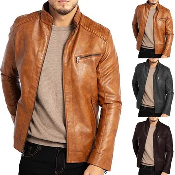 

Men Solid Color Jacket Men's Fit Jacket Zipper Casual PU Coat Casual Pocket Coat