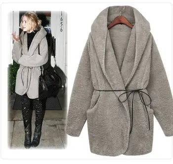 

Bazhenona Woman Fashion Cloak Hooded Plush Thick Lamb Long Coat with Belt Big Pocket D1010
