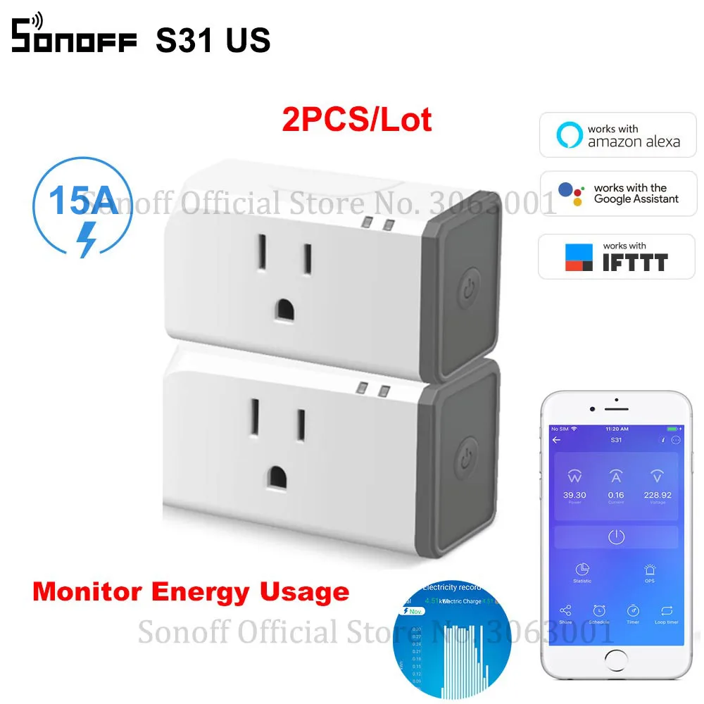 2 шт. розетка SONOFF S31 US Mini Wifi 15A умный выключатель питания штепсельная вилка с