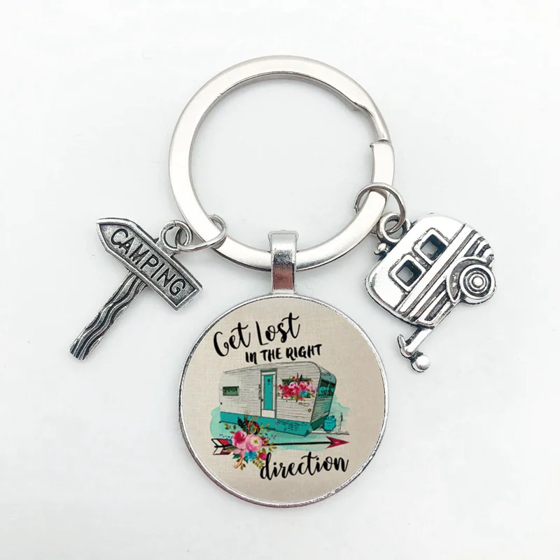 Camping Keychain Camper Wagon Trailer Signpost Vacation Travel Memorial Gift