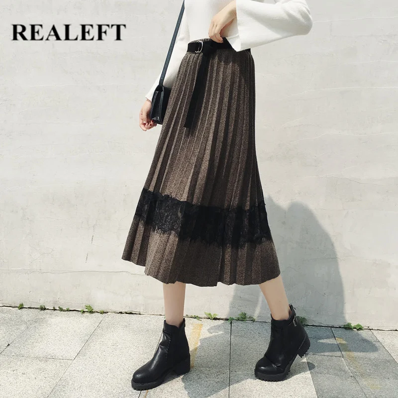 REALEFT Осень Зима трикотажные гофрированные длинные юбки с поясом высокая талия кружево лоскутное Высокая талия Винтаж тюль юбка для женщин
