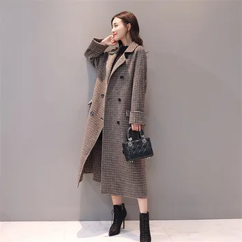 

2020 Autumn Winter New Long Woolen Coat Women Plaid Over The Knee Jacket Fashion Temperament Double-Breasted Outerwear XIN112