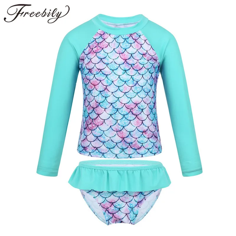 Freebily Infant Baby Girls Long Sleeve Floral Printed Ruffled Back Rash Guard UPF 50 Swimwear Swimsuit Bathing Suit