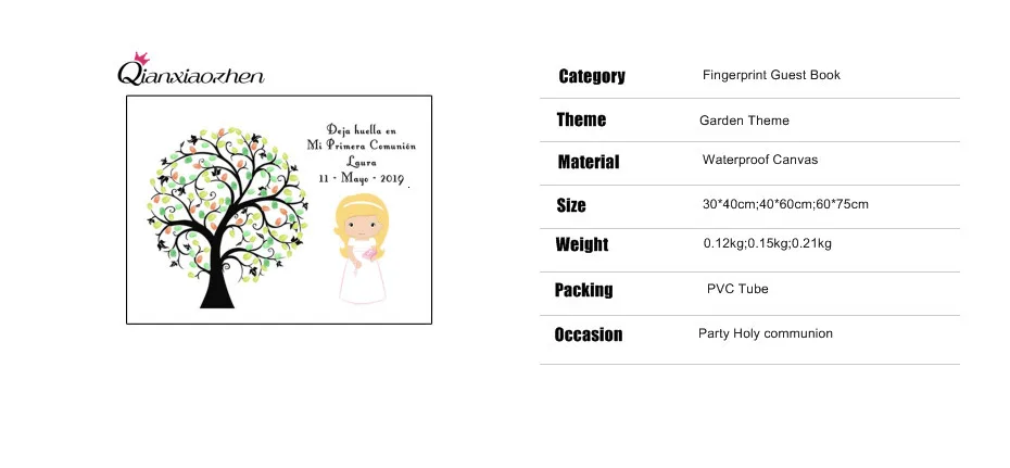 Qianxiaozhen Персонализированные Холст отпечатки пальцев, дерево, подпись DIY Гостевая книга для девочек Первое Святое Причастие Сувенир украшения