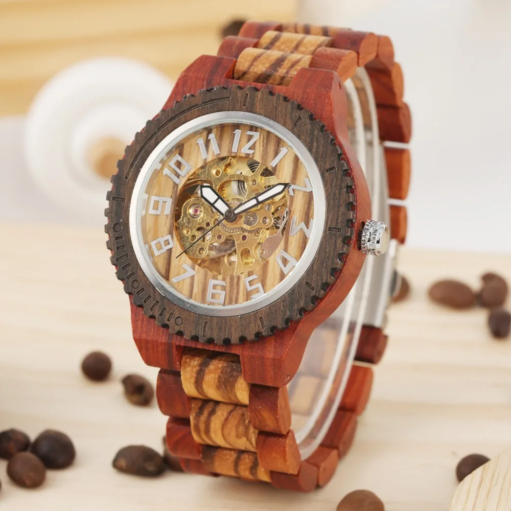 Мужские часы черные деревянные механические часы с автоматическим заводом Серебряный арабский набор номера наручные часы для мальчиков