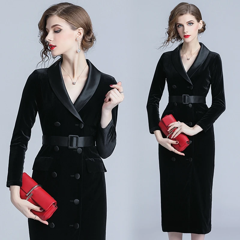 New Autumn Fashion Double-breasted Velvet Dress Women Winter Long Sleeve Blazer Collar Ladies Office Wear Bodycon Party Dress