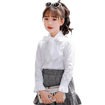 

New Spring Girls Blouse Solid White Blouse For Girls Bow Mandarin Collar Shirt For Girls Summer Korean School Clothes For Girls