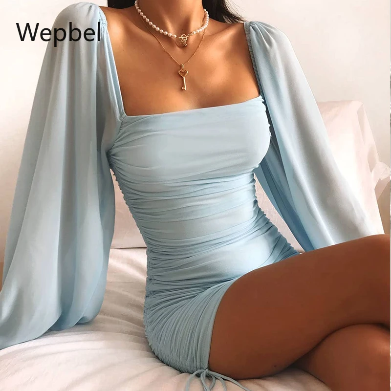 WEPBEL High Waist Long-Sleeve Sheath Mini Dress Blue Flat-Fitting Collar Sexy Dress Solid Color Fashion Slim Fit Bodycon Dresses