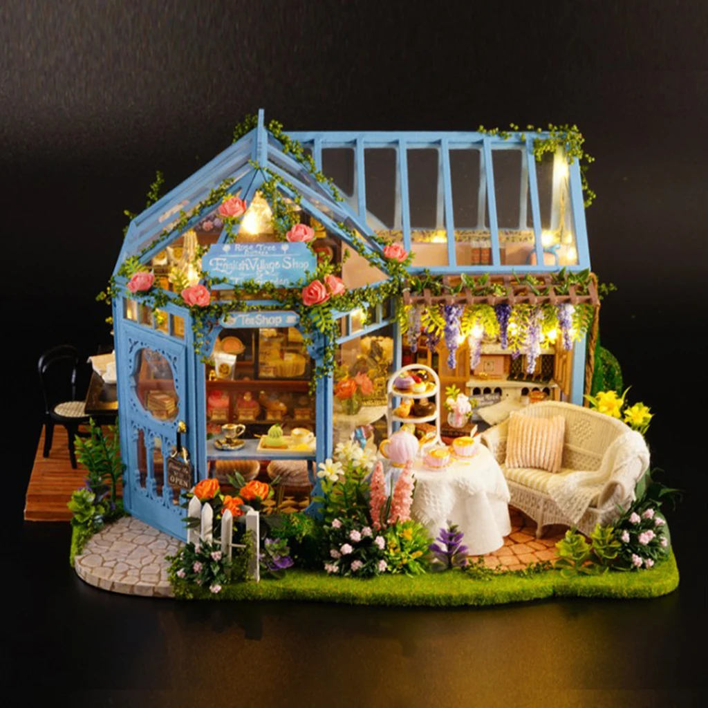 DIY Wooden Miniature Dollhouse Patio Toy Kits with Music Movements & Lights, Assembling Birthday Toy Gift for Children Teens
