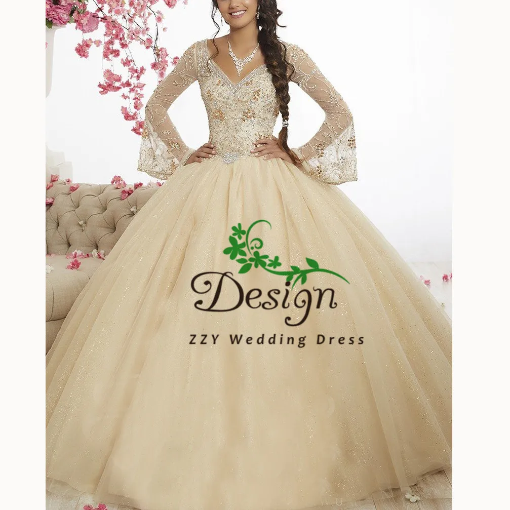 Шампанское Vestidos de 15 anos quinceanera платья с длинными рукавами с глубоким v-образным вырезом и расшитое бисером пышные платья Кристаллы Бисероплетение со шлейфом - Цвет: Шампанское