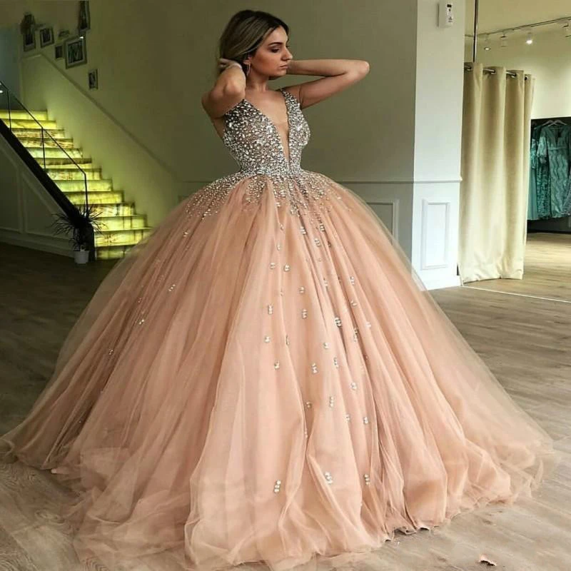 Vestido para quinceañeras de tul color champán, elegante, con cuentas de cristal, escote en V profundo, 2019|Vestidos quinceañera| - AliExpress