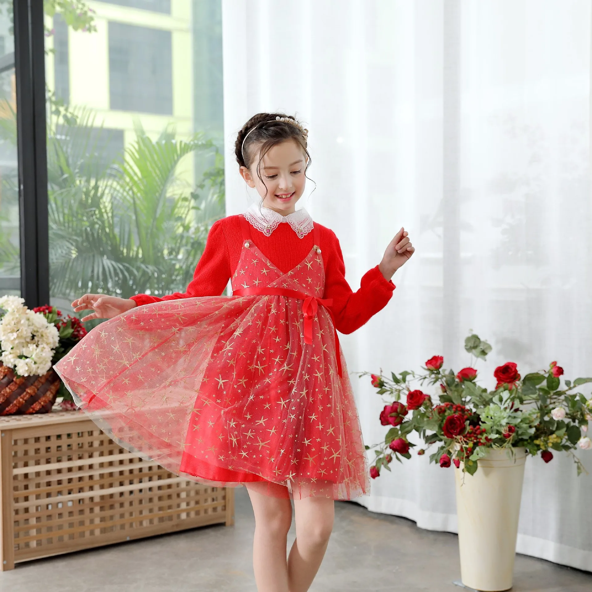 

South Korea Childrenswear 2019 Autumn And Winter New Style Girls Dress Brushed And Thick Yarn Gauze Ethnic-Style Princess Skirt