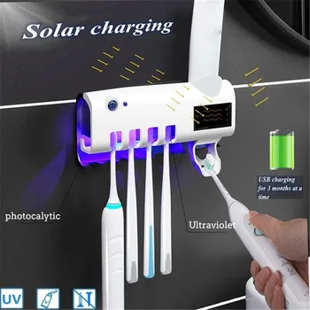 

UV Toothbrush Disinfectant Cleaning Agent Storage Bathroom Solar Energy No Need To Charge Toothpaste Dispenser Holder Sanitizer