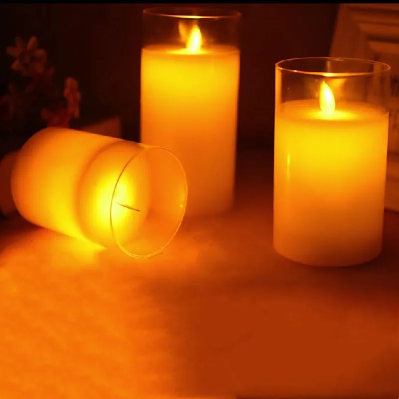 

Remote controlled w/Timer Flickering Flame Pillar Candle Paraffin Wax Electric LED Glass Candle Set Home party table Deor-Amber