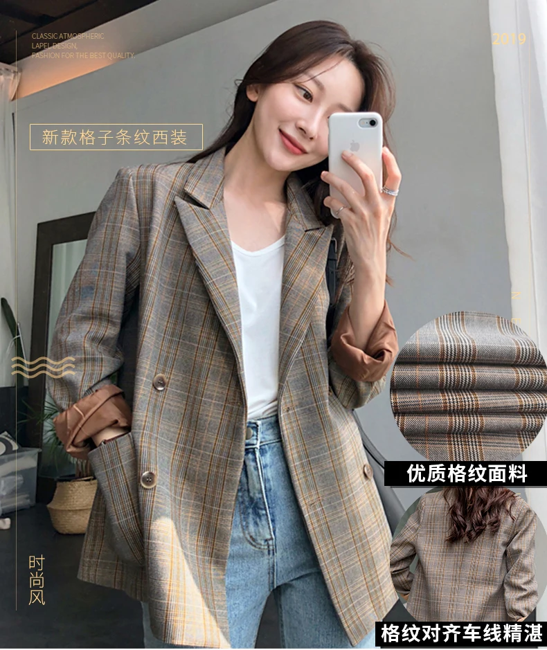 Vintage Plaid Blazer Women Spring/Autumn Loose Korean Women Suit Casual Blazer Fashion Office Ladies suit Blazers