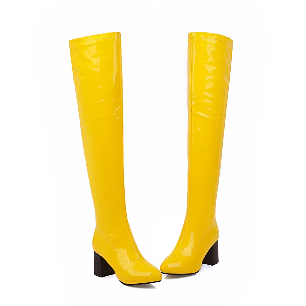 Г., новые женские зимние блестящие сапоги до бедра черного и белого цвета женская обувь на высоком каблуке ES756, большие размеры 10, 43, 45, 48 - Цвет: Yellow Thick Lining