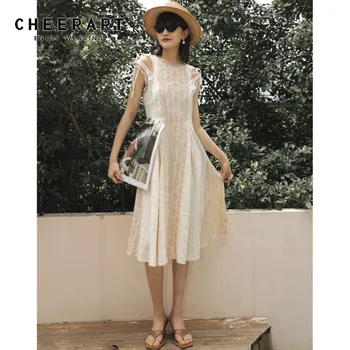 

CHEERART Lace Tank Dress Women Sleeveless Long Midi Dress A Line Ruched Summer Dress 2020 Swing Ladies Dresses