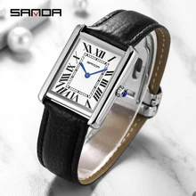  Sanda Rectangular Wrist Watches for Women Silver Case Ladies Watches Luxury Brand Leather Band Quartz Clock zegarek damski 1108 