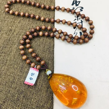

Zheru natural beeswax amber drop pendant with wooden bead necklace fine men and women retro sweater chain