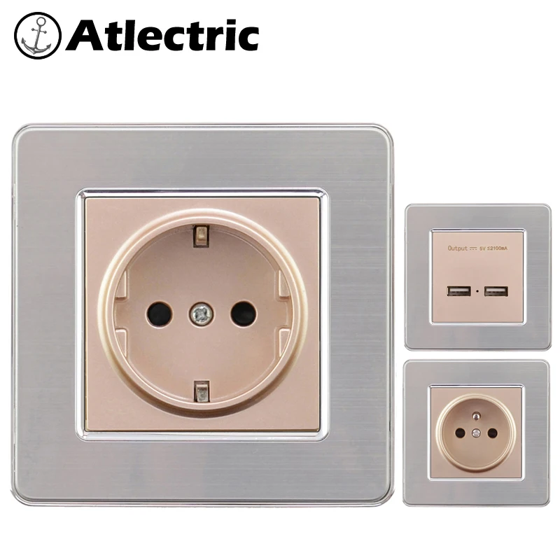 Atlectric ЕС FR Стандартный Разъем питания двойной USB порт настенная розетка для мобильных электрических штепсельной вилки панель из нержавеющей стали