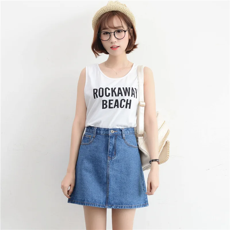 

2019 Spring And Summer Korean-Style Retro High-waisted Slimming Sheath A- line Denim Skirt South Korea College Style Solid Color