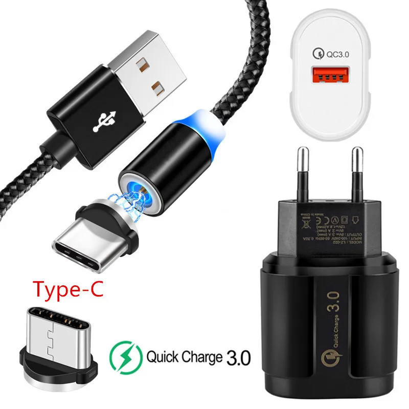 EU charger and cable 1 м Магнитный кабель type C+ QC 3,0 USB быстрое зарядное устройство для телефона для samsung S10 S8 S9 A50 huawei P20 lite P30 honor 10 20 Pro Redmi K20 - Тип штекера: EU charger and cable