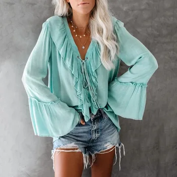 

Women Blouse Autumn Shirt Sexy Solid Color V-Neck Shirt Flare Sleeve Fashion Loose Wild Tops Blouse Autumn Female Blouse