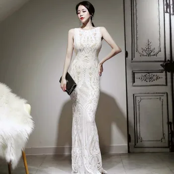 

Spring New Sleeveless White Long Vestidos Women's Sexy Party Cloth Vest Bodycon Floor-Length Maxi Full Lace Occasion Dresses