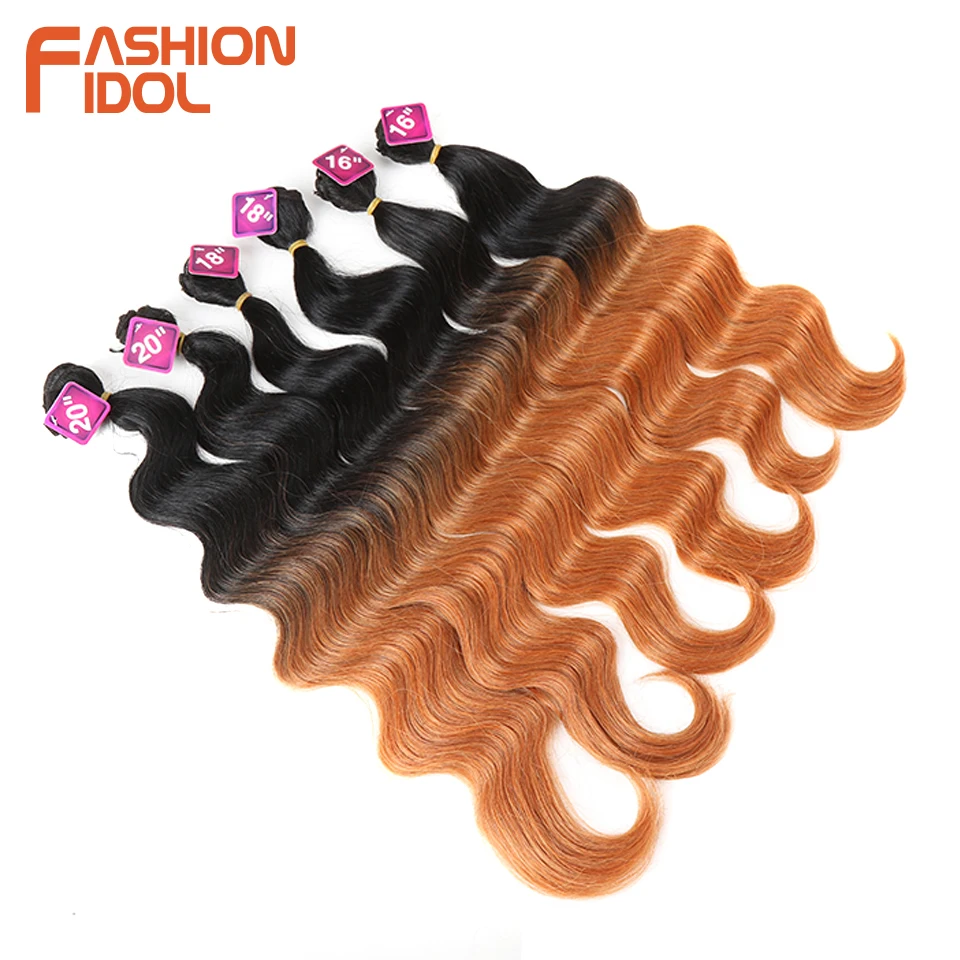 FASHION IDOL Body Wave Synthetic Hair Bundles With Closure 16-20 Inch 7 Pcs/lot Ombre Blonde Weaving Hair Extension For Women
