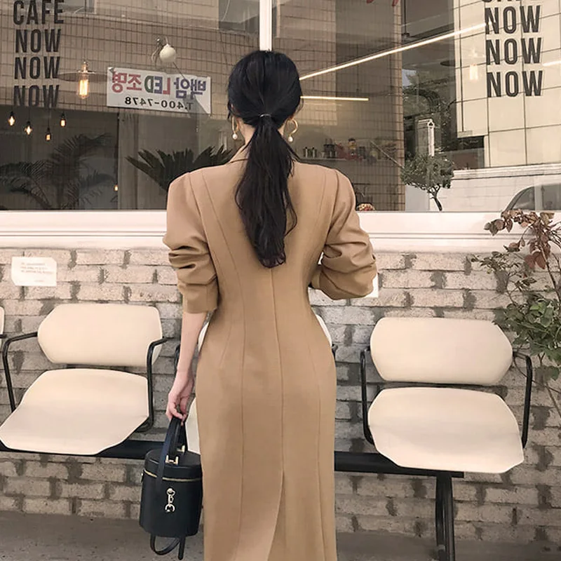 New Women dress Double Breasted Slim Elegant Pinch Pleated Sleeve Trench Dresses 670