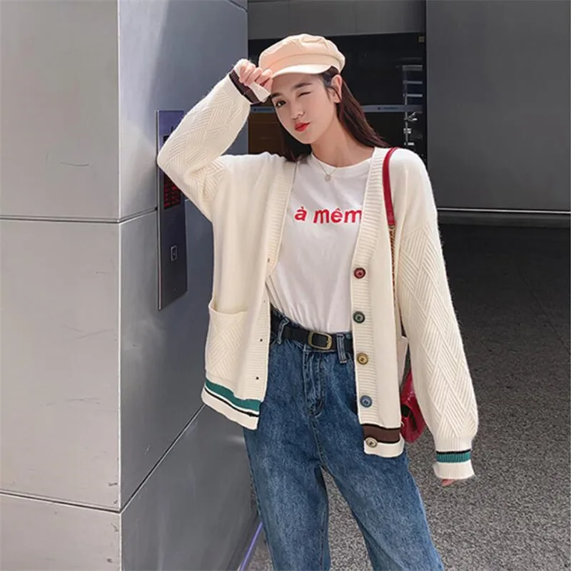 

Striped Cardigan Sweater Women Loose Lazy Style Early Autumn Korean Student Knit Jacket