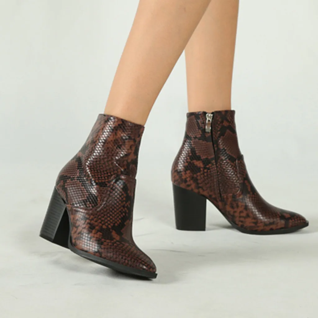 

Fashion High-Heeled Snake Pattern Shoes Women Ankle Boots Brown Pointed Toe Boots Casual Ladies Booties Zipper Large Size Shoes