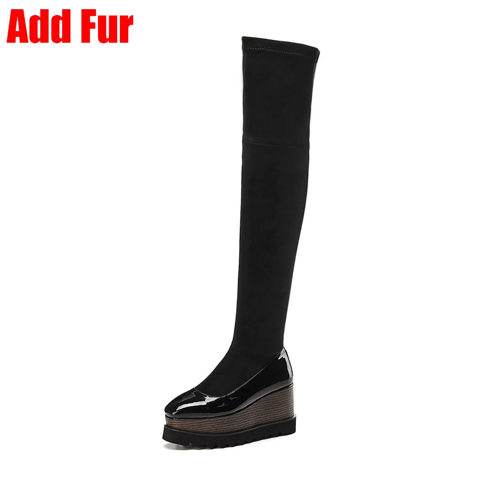 DORATASIA/новые женские брендовые туфли из натуральной кожи на плоской платформе, большие размеры 33-42 женские высокие сапоги выше колена - Цвет: black flock add fur