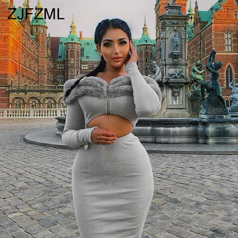 

Sexy Two Piece Outfits for Women Faux Fur Collar Front Zippers Short Jacket + Tight Midi Skirts Winter Autumn 2 Piece Skirt Set
